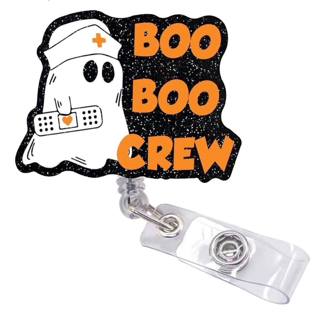 🆕 Funny Halloween Badge Reel – Boo Boo Crew Ghost ID Holder,
